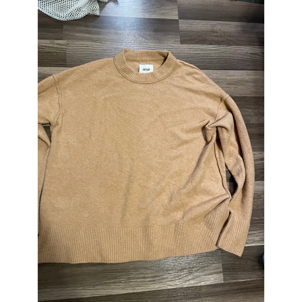 Aerie Womens XS Camel Tan Crewneck Knit Pullover Sweater Drop Shoulder Relaxed